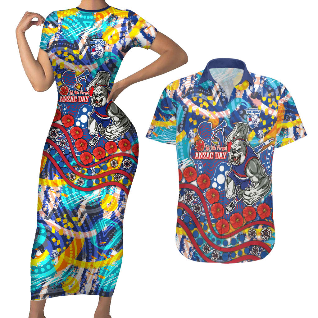 Western Bulldogs ANZAC Day Couples Matching Short Sleeve Bodycon Dress and Hawaiian Shirt Aboriginal Dot Art Indigenous Australian Cultural