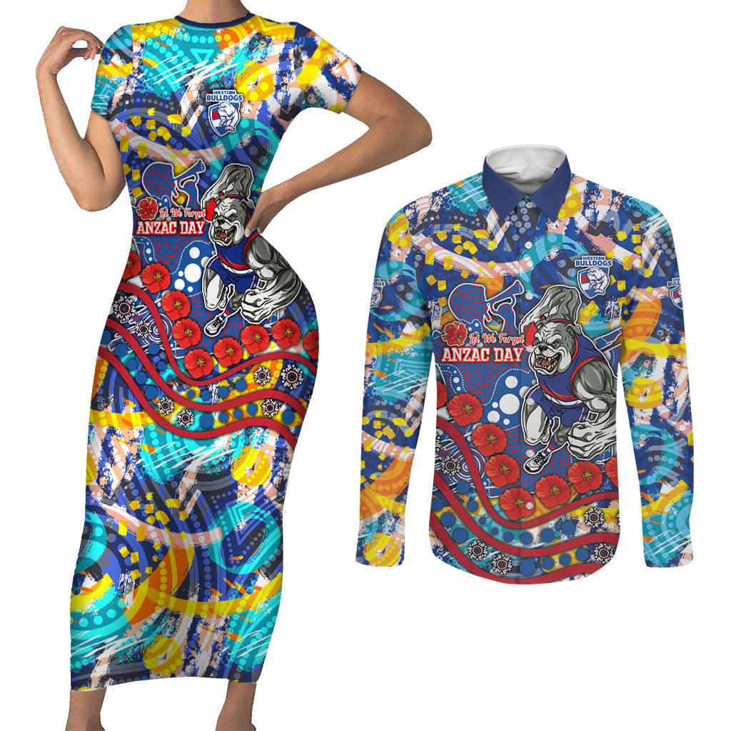 Western Bulldogs ANZAC Day Couples Matching Short Sleeve Bodycon Dress and Long Sleeve Button Shirt Aboriginal Dot Art Indigenous Australian Cultural