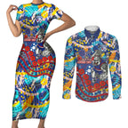 Western Bulldogs ANZAC Day Couples Matching Short Sleeve Bodycon Dress and Long Sleeve Button Shirt Aboriginal Dot Art Indigenous Australian Cultural
