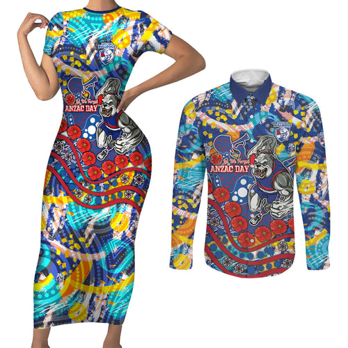 Western Bulldogs ANZAC Day Couples Matching Short Sleeve Bodycon Dress and Long Sleeve Button Shirt Aboriginal Dot Art Indigenous Australian Cultural