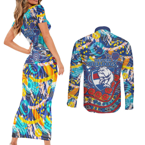 Western Bulldogs ANZAC Day Couples Matching Short Sleeve Bodycon Dress and Long Sleeve Button Shirt Aboriginal Dot Art Indigenous Australian Cultural
