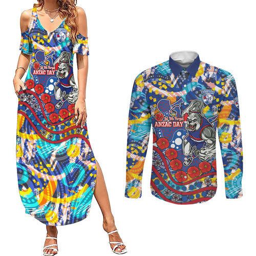 Western Bulldogs ANZAC Day Couples Matching Summer Maxi Dress and Long Sleeve Button Shirt Aboriginal Dot Art Indigenous Australian Cultural