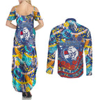 Western Bulldogs ANZAC Day Couples Matching Summer Maxi Dress and Long Sleeve Button Shirt Aboriginal Dot Art Indigenous Australian Cultural