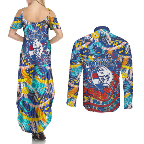 Western Bulldogs ANZAC Day Couples Matching Summer Maxi Dress and Long Sleeve Button Shirt Aboriginal Dot Art Indigenous Australian Cultural
