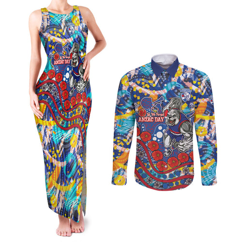 Western Bulldogs ANZAC Day Couples Matching Tank Maxi Dress and Long Sleeve Button Shirt Aboriginal Dot Art Indigenous Australian Cultural