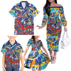 Western Bulldogs ANZAC Day Family Matching Off The Shoulder Long Sleeve Dress and Hawaiian Shirt Aboriginal Dot Art Indigenous Australian Cultural