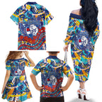 Western Bulldogs ANZAC Day Family Matching Off The Shoulder Long Sleeve Dress and Hawaiian Shirt Aboriginal Dot Art Indigenous Australian Cultural