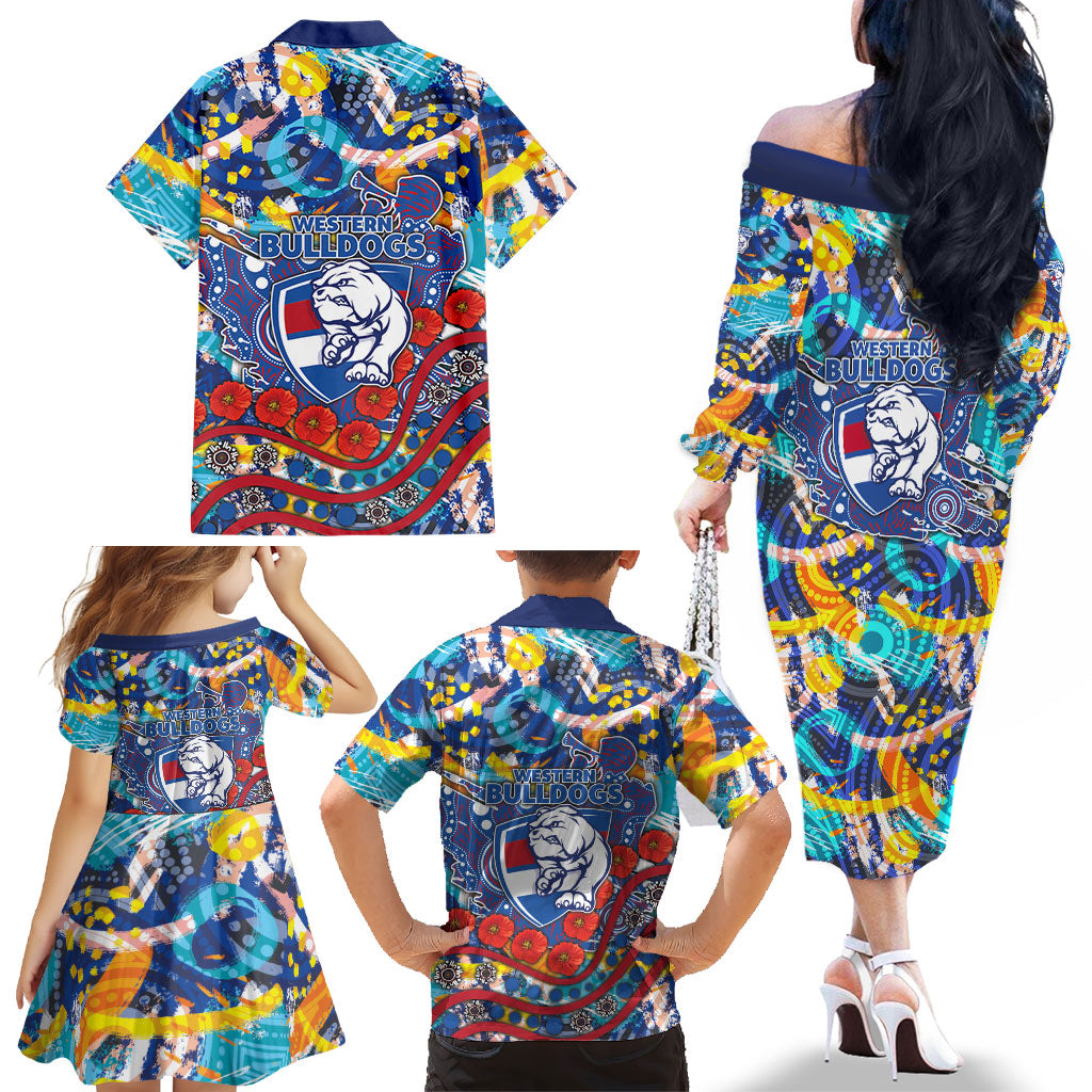 Western Bulldogs ANZAC Day Family Matching Off The Shoulder Long Sleeve Dress and Hawaiian Shirt Aboriginal Dot Art Indigenous Australian Cultural