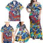 Western Bulldogs ANZAC Day Family Matching Off Shoulder Maxi Dress and Hawaiian Shirt Aboriginal Dot Art Indigenous Australian Cultural
