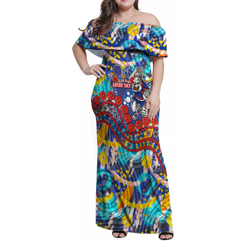 Western Bulldogs ANZAC Day Family Matching Off Shoulder Maxi Dress and Hawaiian Shirt Aboriginal Dot Art Indigenous Australian Cultural