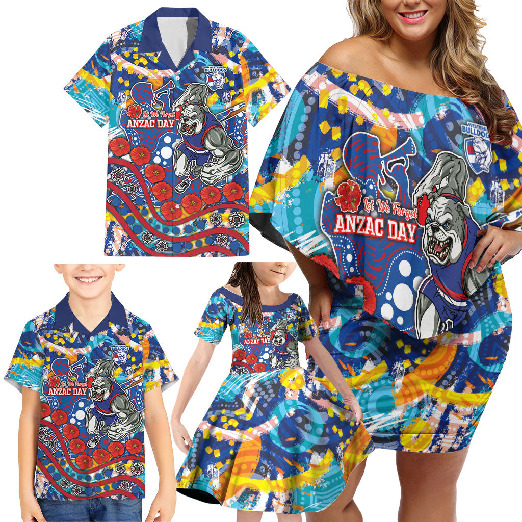 Western Bulldogs ANZAC Day Family Matching Off Shoulder Short Dress and Hawaiian Shirt Aboriginal Dot Art Indigenous Australian Cultural