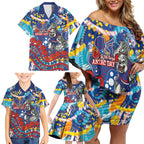 Western Bulldogs ANZAC Day Family Matching Off Shoulder Short Dress and Hawaiian Shirt Aboriginal Dot Art Indigenous Australian Cultural