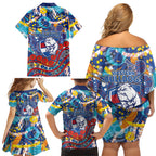 Western Bulldogs ANZAC Day Family Matching Off Shoulder Short Dress and Hawaiian Shirt Aboriginal Dot Art Indigenous Australian Cultural