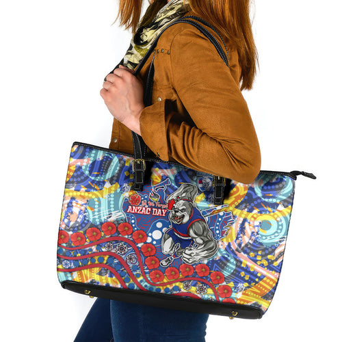 Western Bulldogs ANZAC Day Leather Tote Bag Aboriginal Dot Art Indigenous Australian Cultural