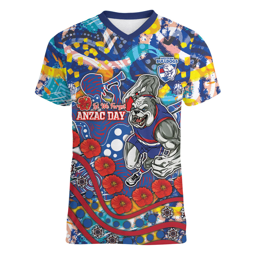 Western Bulldogs ANZAC Day Women V-Neck T-Shirt Aboriginal Dot Art Indigenous Australian Cultural