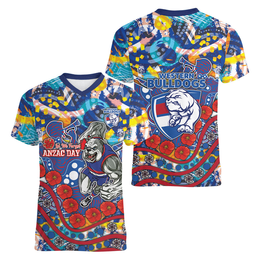 Western Bulldogs ANZAC Day Women V-Neck T-Shirt Aboriginal Dot Art Indigenous Australian Cultural