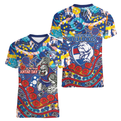 Western Bulldogs ANZAC Day Women V-Neck T-Shirt Aboriginal Dot Art Indigenous Australian Cultural