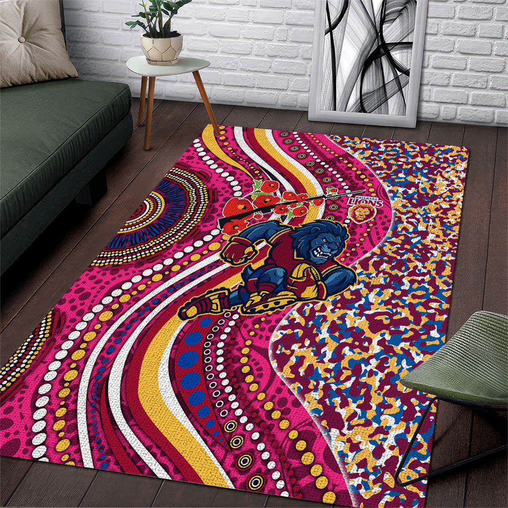 Brisbane Lions ANZAC Day Area Rug Indigenous Poppy Remembrance Lion Warrior