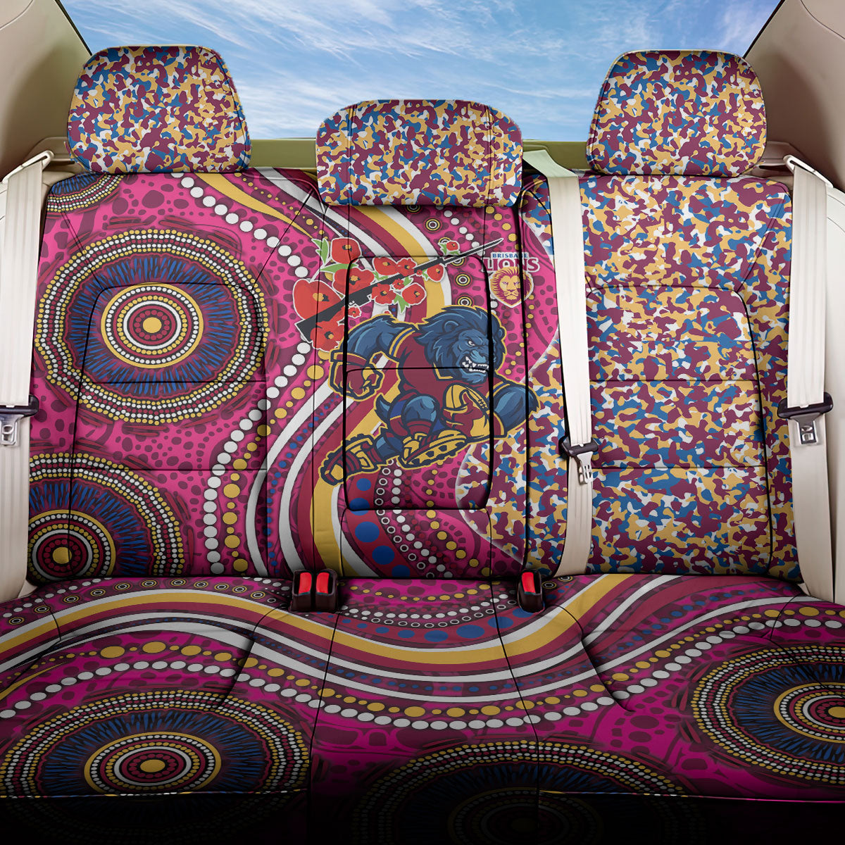 Brisbane Lions ANZAC Day Back Car Seat Cover Indigenous Poppy Remembrance Lion Warrior
