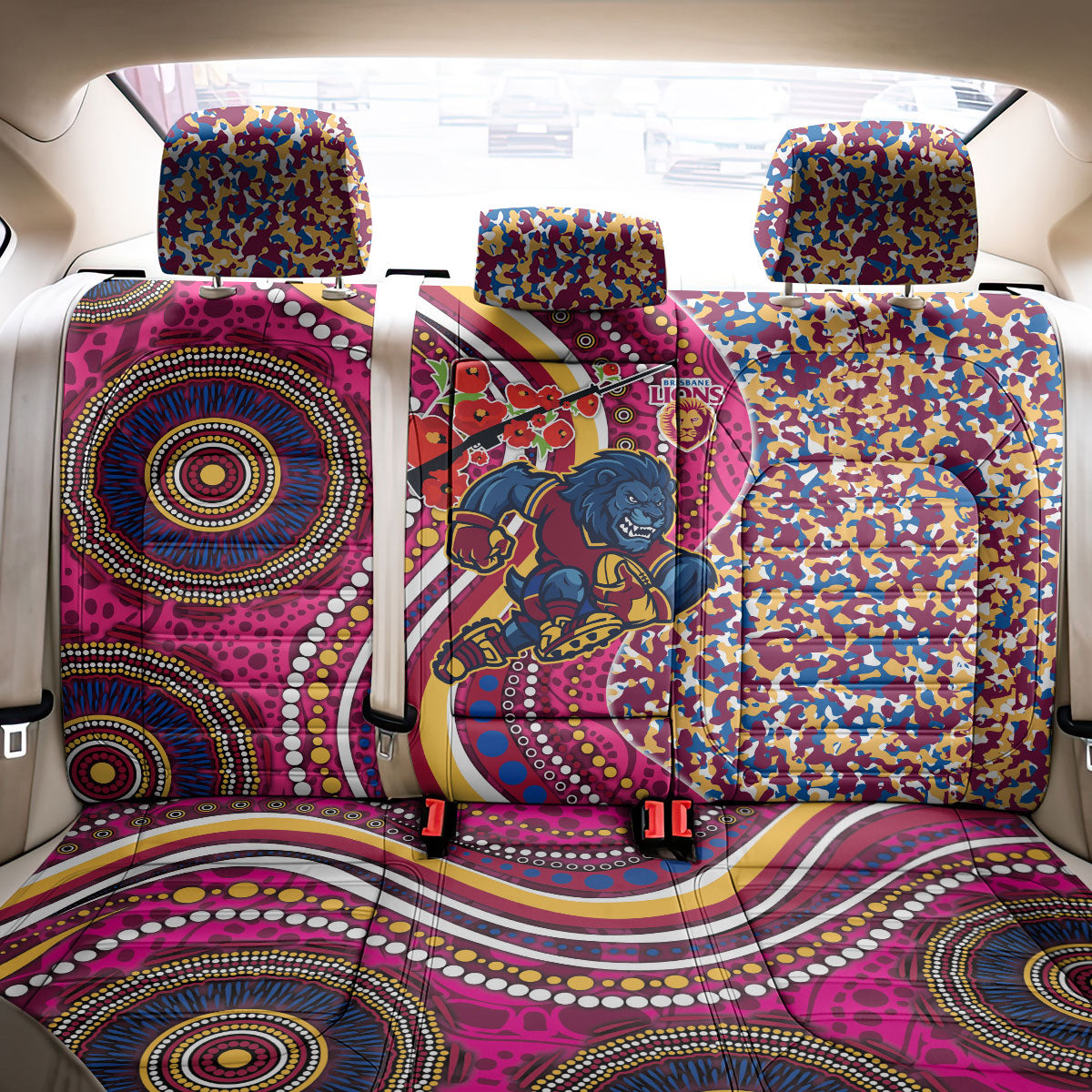 Brisbane Lions ANZAC Day Back Car Seat Cover Indigenous Poppy Remembrance Lion Warrior
