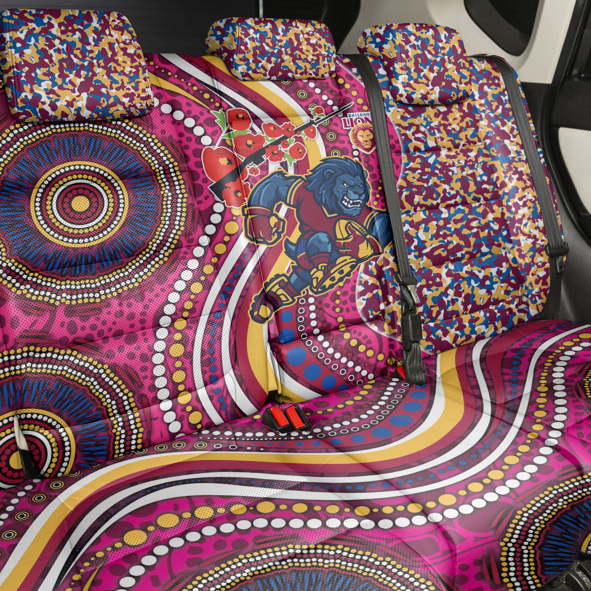 Brisbane Lions ANZAC Day Back Car Seat Cover Indigenous Poppy Remembrance Lion Warrior