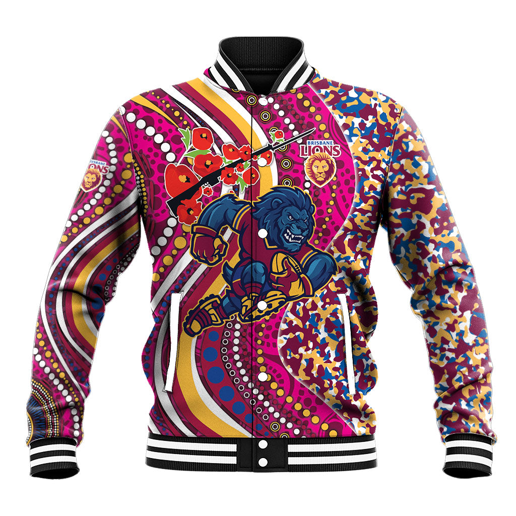 Brisbane Lions ANZAC Day Baseball Jacket Indigenous Poppy Remembrance Lion Warrior