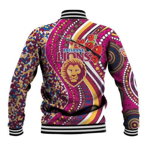 Brisbane Lions ANZAC Day Baseball Jacket Indigenous Poppy Remembrance Lion Warrior