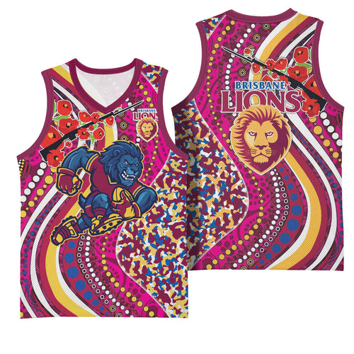 Brisbane Lions ANZAC Day Basketball Jersey Indigenous Poppy Remembrance Lion Warrior