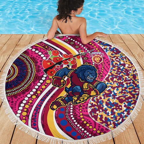 Brisbane Lions ANZAC Day Beach Blanket Indigenous Poppy Remembrance Lion Warrior