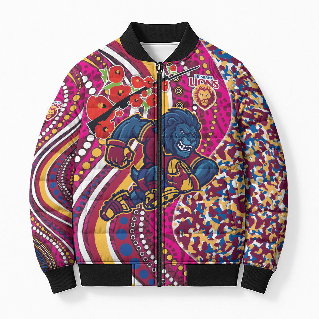 Brisbane Lions ANZAC Day Bomber Puffer Jacket Indigenous Poppy Remembrance Lion Warrior