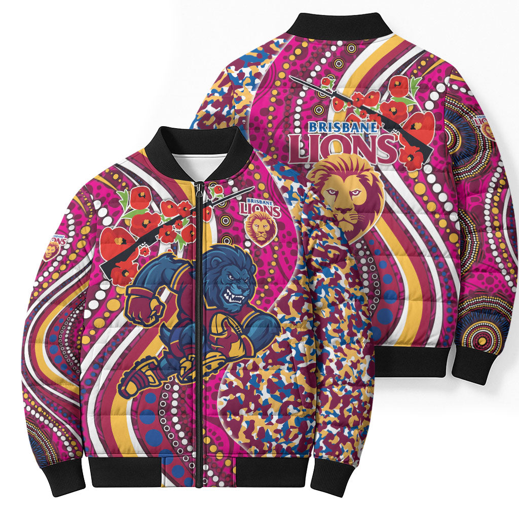 Brisbane Lions ANZAC Day Bomber Puffer Jacket Indigenous Poppy Remembrance Lion Warrior