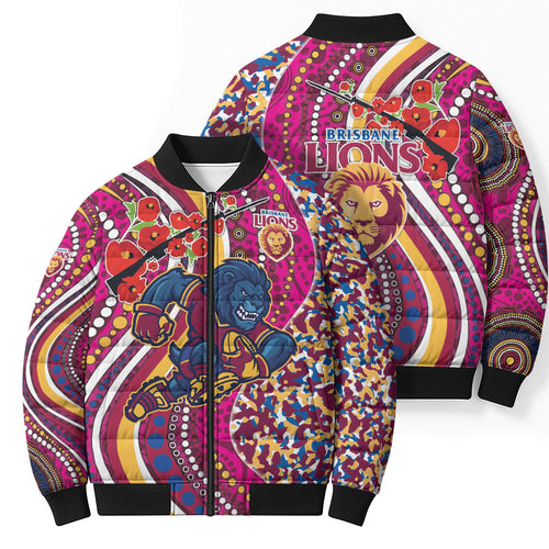 Brisbane Lions ANZAC Day Bomber Puffer Jacket Indigenous Poppy Remembrance Lion Warrior