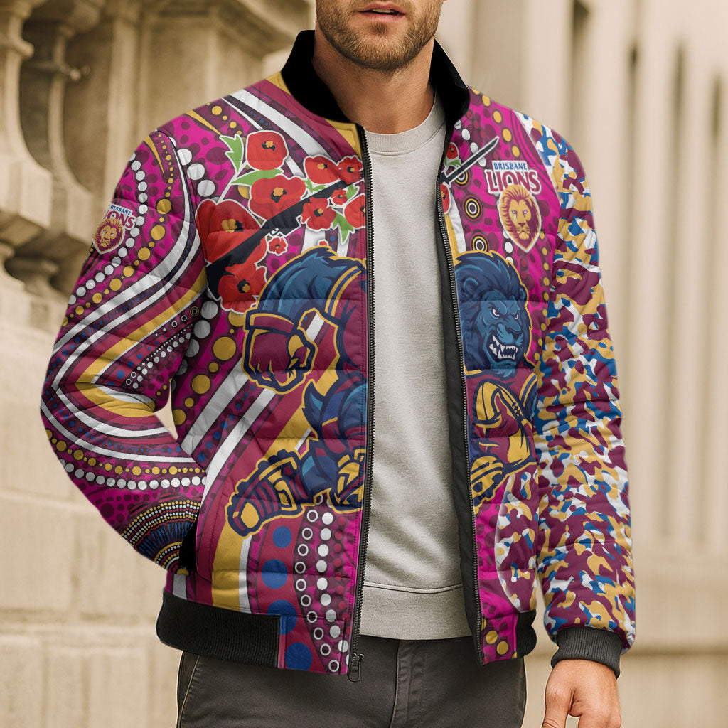 Brisbane Lions ANZAC Day Bomber Puffer Jacket Indigenous Poppy Remembrance Lion Warrior