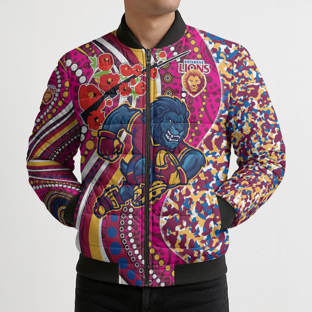 Brisbane Lions ANZAC Day Bomber Puffer Jacket Indigenous Poppy Remembrance Lion Warrior