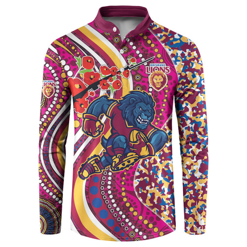 Brisbane Lions ANZAC Day Button Sweatshirt Indigenous Poppy Remembrance Lion Warrior
