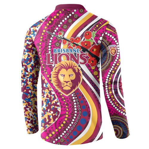 Brisbane Lions ANZAC Day Button Sweatshirt Indigenous Poppy Remembrance Lion Warrior