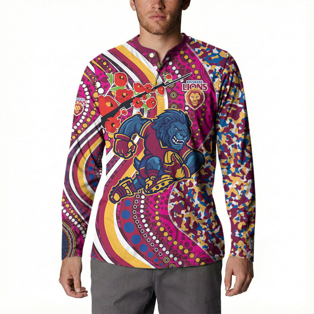 Brisbane Lions ANZAC Day Button Sweatshirt Indigenous Poppy Remembrance Lion Warrior