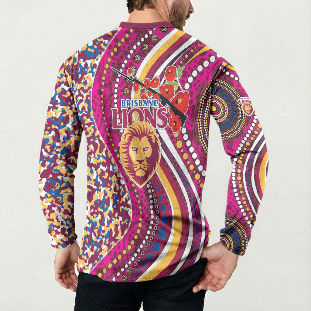 Brisbane Lions ANZAC Day Button Sweatshirt Indigenous Poppy Remembrance Lion Warrior