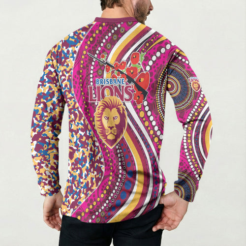 Brisbane Lions ANZAC Day Button Sweatshirt Indigenous Poppy Remembrance Lion Warrior