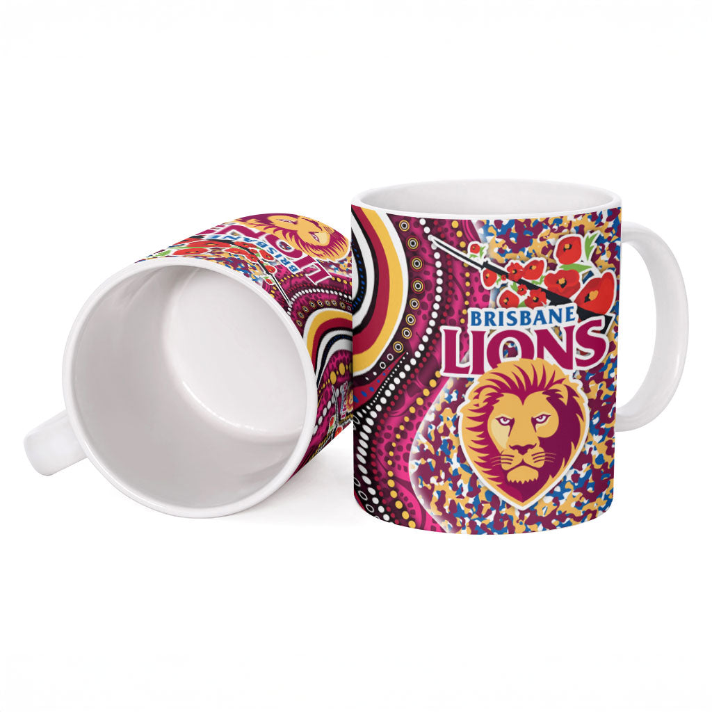 Brisbane Lions ANZAC Day Ceramic Mug Indigenous Poppy Remembrance Lion Warrior