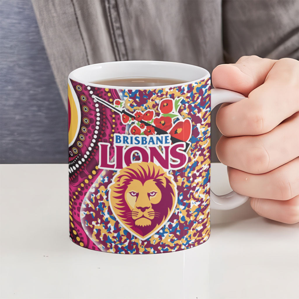Brisbane Lions ANZAC Day Ceramic Mug Indigenous Poppy Remembrance Lion Warrior
