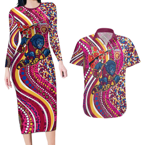 Brisbane Lions ANZAC Day Couples Matching Long Sleeve Bodycon Dress and Hawaiian Shirt Indigenous Poppy Remembrance Lion Warrior