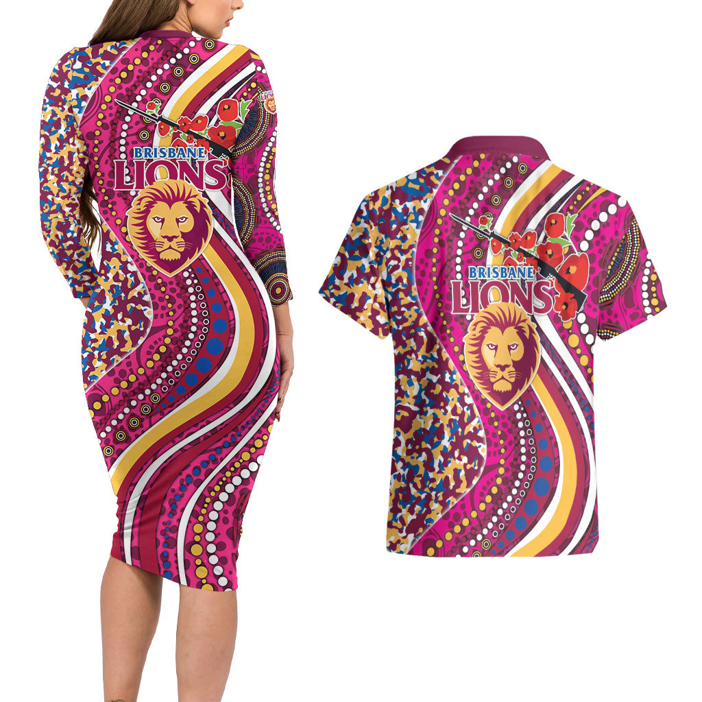 Brisbane Lions ANZAC Day Couples Matching Long Sleeve Bodycon Dress and Hawaiian Shirt Indigenous Poppy Remembrance Lion Warrior