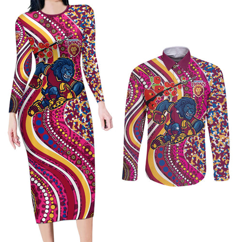 Brisbane Lions ANZAC Day Couples Matching Long Sleeve Bodycon Dress and Long Sleeve Button Shirt Indigenous Poppy Remembrance Lion Warrior