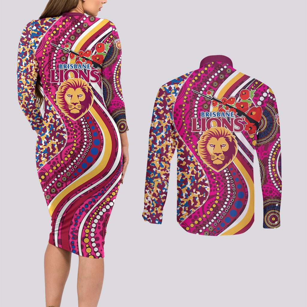 Brisbane Lions ANZAC Day Couples Matching Long Sleeve Bodycon Dress and Long Sleeve Button Shirt Indigenous Poppy Remembrance Lion Warrior