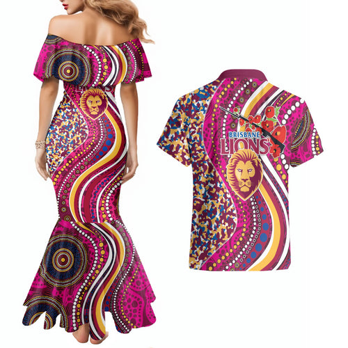 Brisbane Lions ANZAC Day Couples Matching Mermaid Dress and Hawaiian Shirt Indigenous Poppy Remembrance Lion Warrior