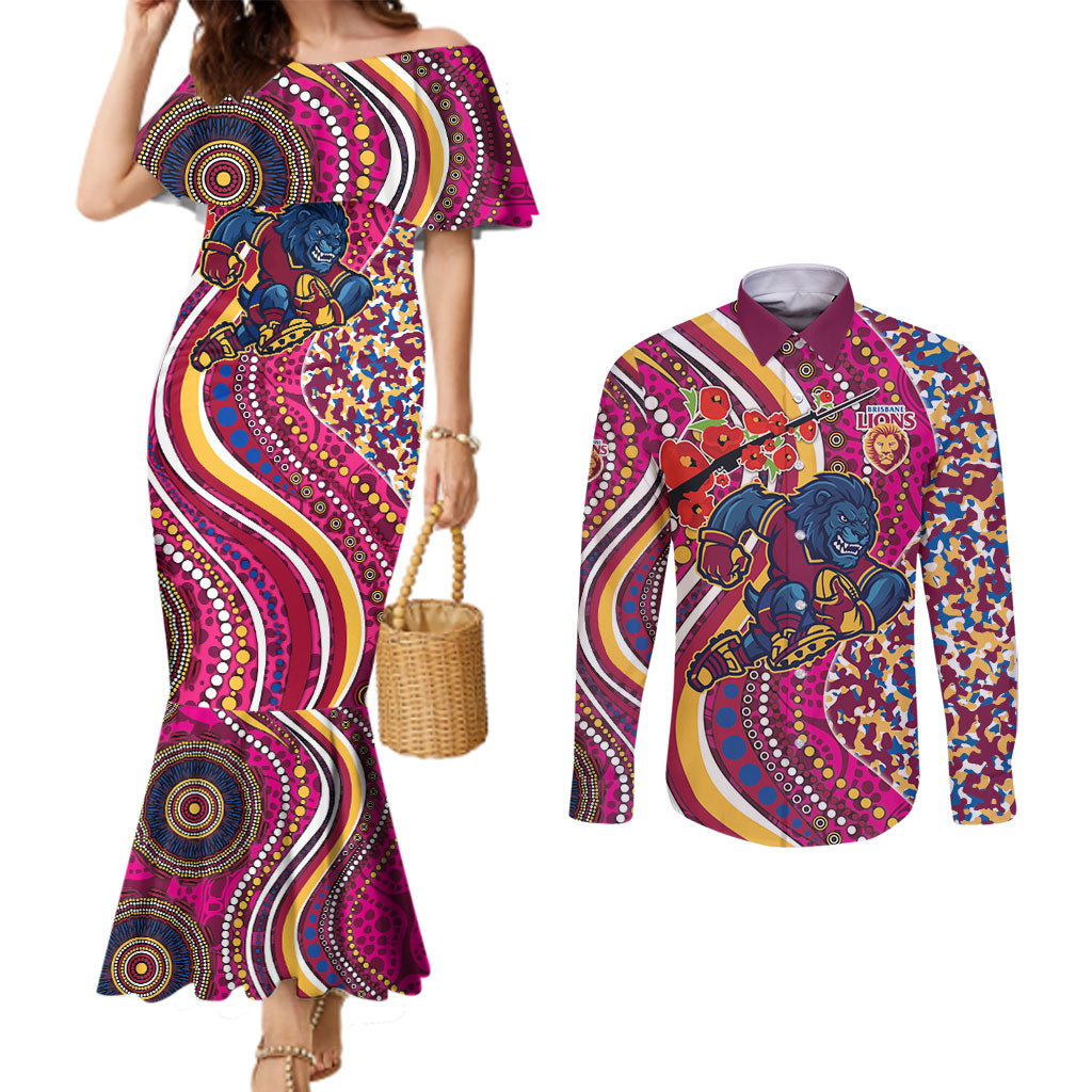 Brisbane Lions ANZAC Day Couples Matching Mermaid Dress and Long Sleeve Button Shirt Indigenous Poppy Remembrance Lion Warrior