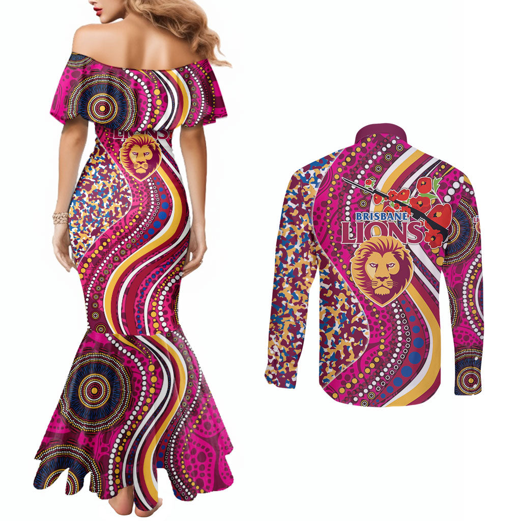 Brisbane Lions ANZAC Day Couples Matching Mermaid Dress and Long Sleeve Button Shirt Indigenous Poppy Remembrance Lion Warrior