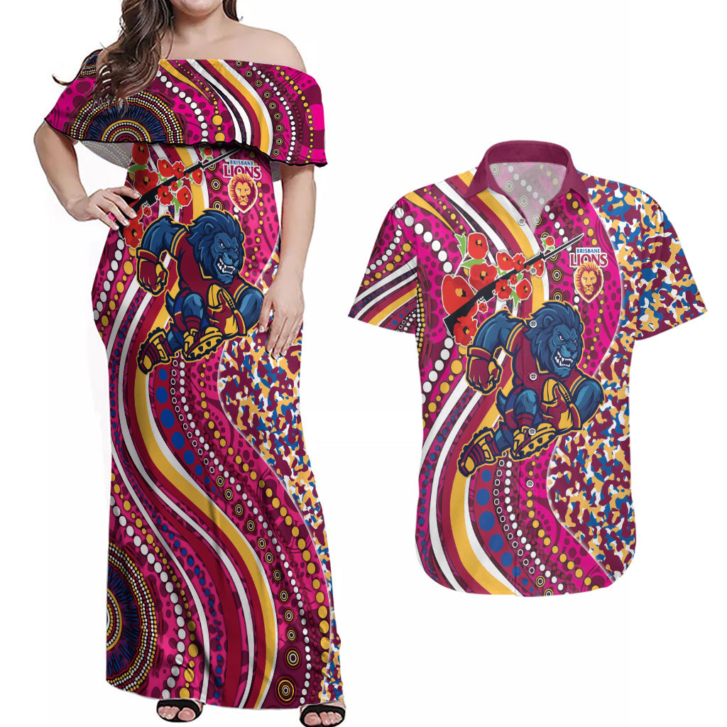 Brisbane Lions ANZAC Day Couples Matching Off Shoulder Maxi Dress and Hawaiian Shirt Indigenous Poppy Remembrance Lion Warrior