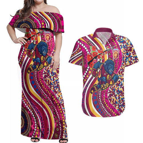 Brisbane Lions ANZAC Day Couples Matching Off Shoulder Maxi Dress and Hawaiian Shirt Indigenous Poppy Remembrance Lion Warrior